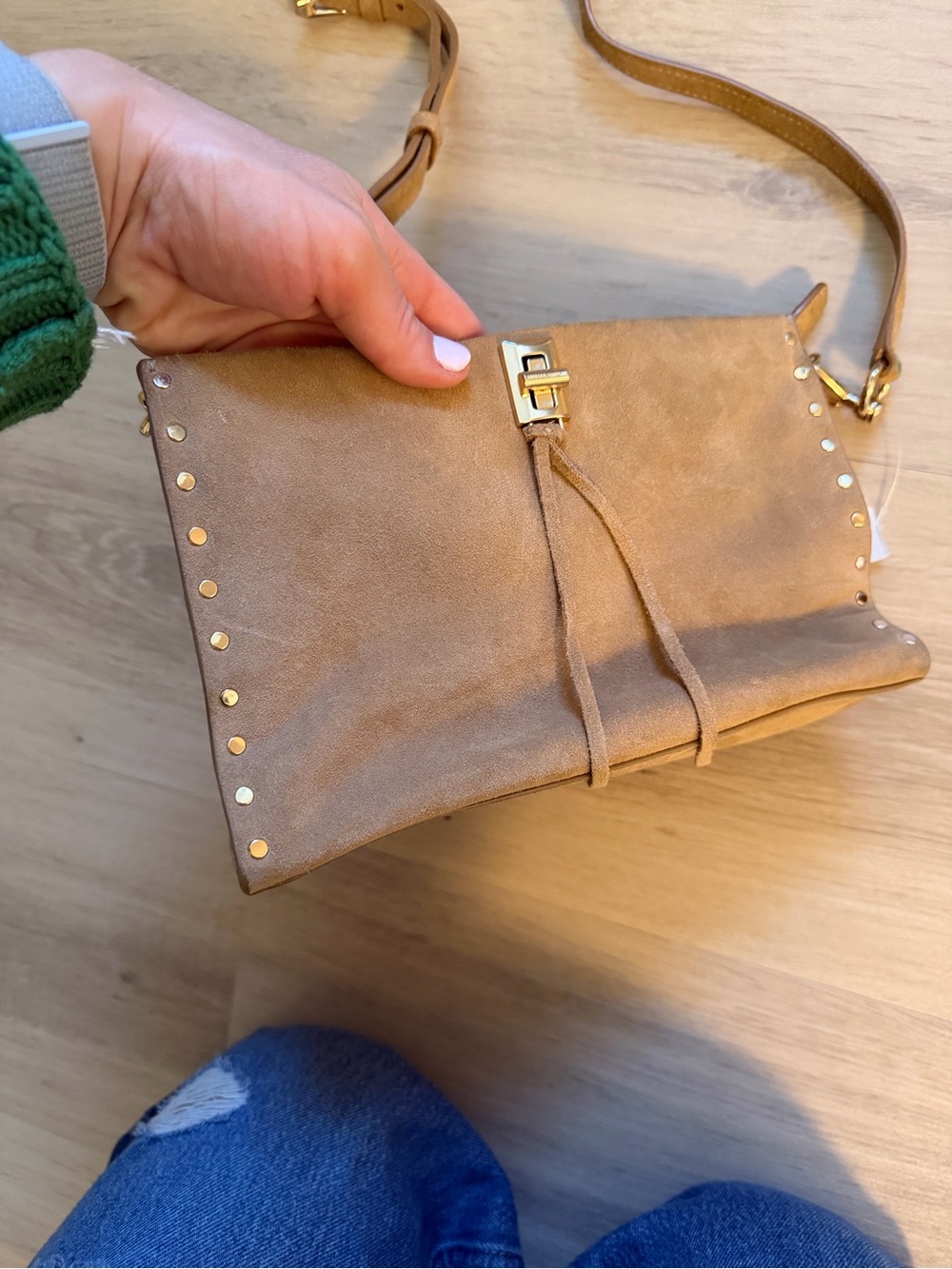 Suede Studded Crossbody Bag - Tan